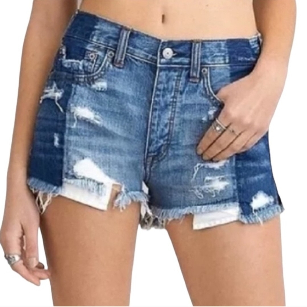 AMERICAN EAGLE Vintage High Rise Festival Distressed Mixed Denim Shorts Sz 0